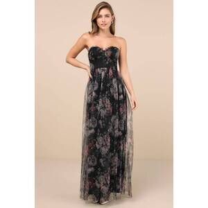 Lulus Stately Entrance Black Floral Mesh Strapless Maxi Dress - Size M